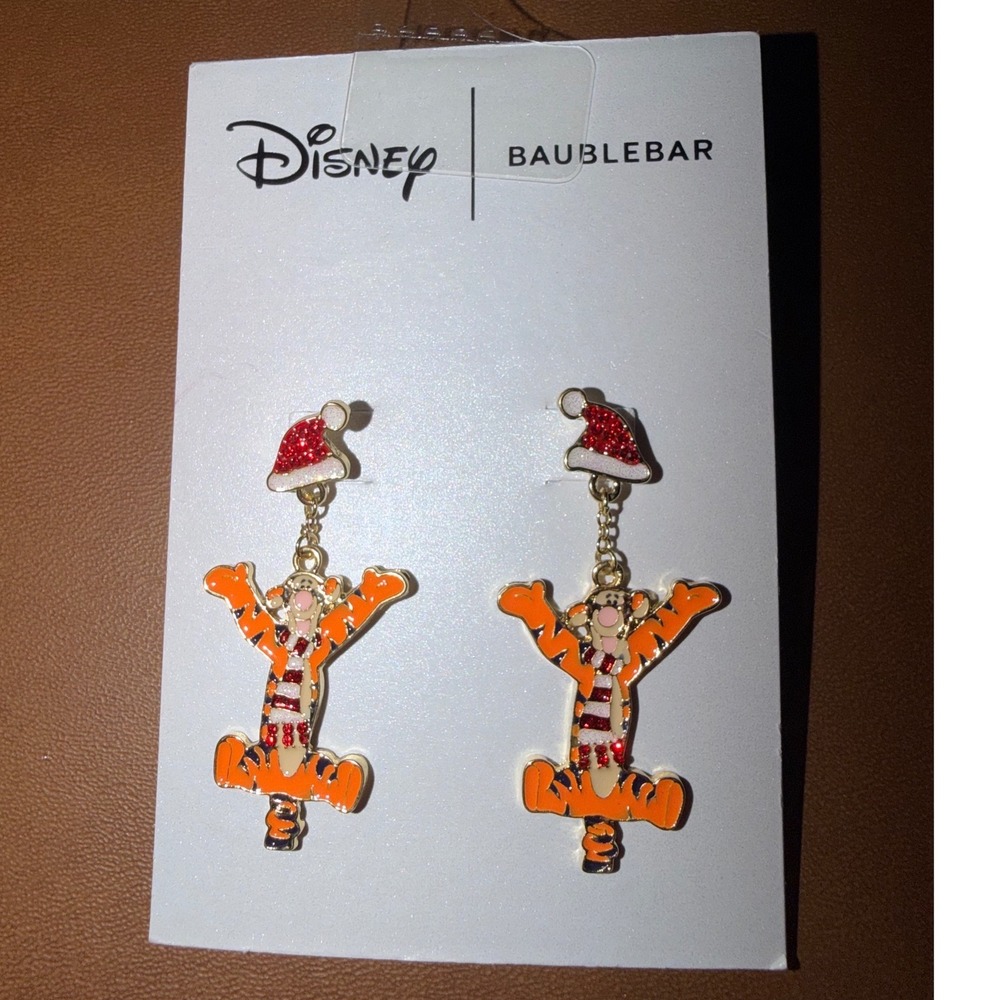 Disney BaubleBar Tigger Christmas Earrings Santa Hat Holiday Drop Gold Tone New